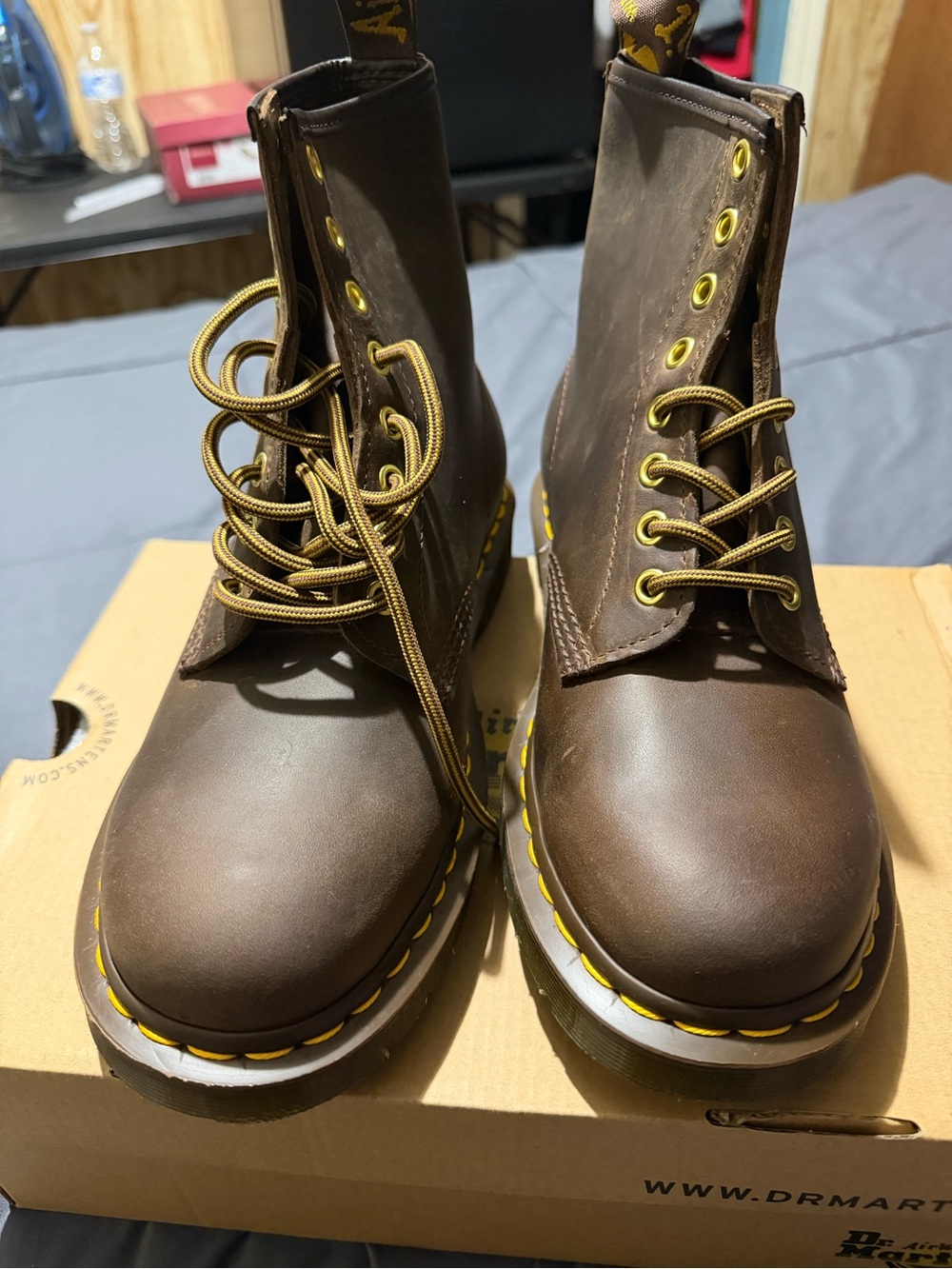 Dr. Martens Brown Leather Lace-Up Boots with Yellow Accents